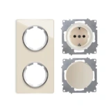 OneKeyElectro Set: Schuko-Steckdose und Ein-Aus-Lichtschalter, unterputz, matt-Antifingerprint, Schutzart IP20, 230V/16A, rund mit Glas-Abdeckrahmen 2fach, senkrecht, beige