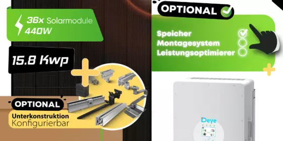 Solarscouts 15.84 kWp Komplettset Photovoltaikanlage | Bifacial & Fullblack| 12 kW Deye | Speicher Konfigurierbar ansehen