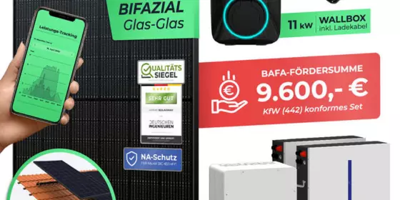 SOLARWAY 10kW Solaranlage mit Speicher – Elektromobilität Komplettset (24x bifaziale Panels), Deye SUN-10K-SG04LP3 (10 kW Ausgang), Go-e 11 kW Wallbox + Controller, Deye 12 kWh Speicher, inkl. Montagesystem, App & WiFi | BAFA KfW 442 konform ansehen