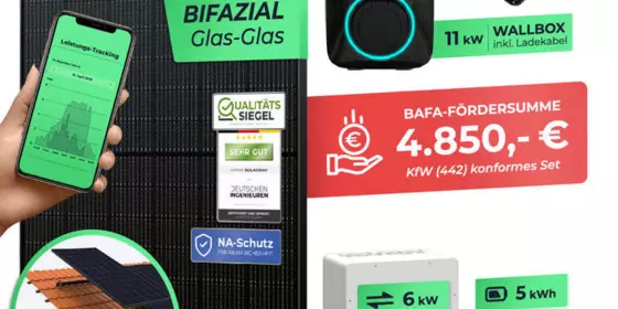 SOLARWAY 5kW Solaranlage mit Speicher – Elektromobilität Komplettset (12x bifaziale Panels), Deye SUN-6K-SG04LP3 (6 kW Ausgang), Go-e 11 kW Wallbox + Controller, Deye 5 kWh Speicher, inkl. Montagesystem, App & WiFi | BAFA KfW 442 konform ansehen